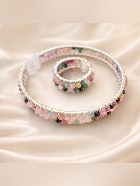 ✨ Handmade Multicolor Gemstone Beaded Bracelet & Ring Set | Silver Tone Wrap | ✨